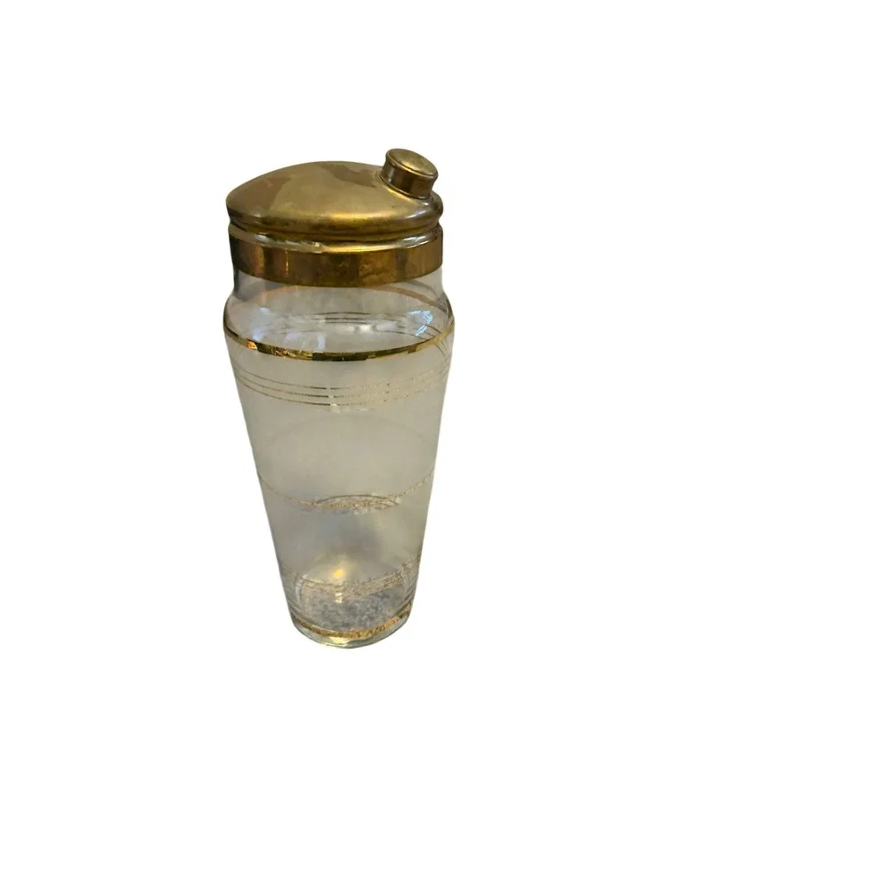 Vintage Frosted Glass Cocktail Shaker Gold Banded MCM Barware with Metal Lid